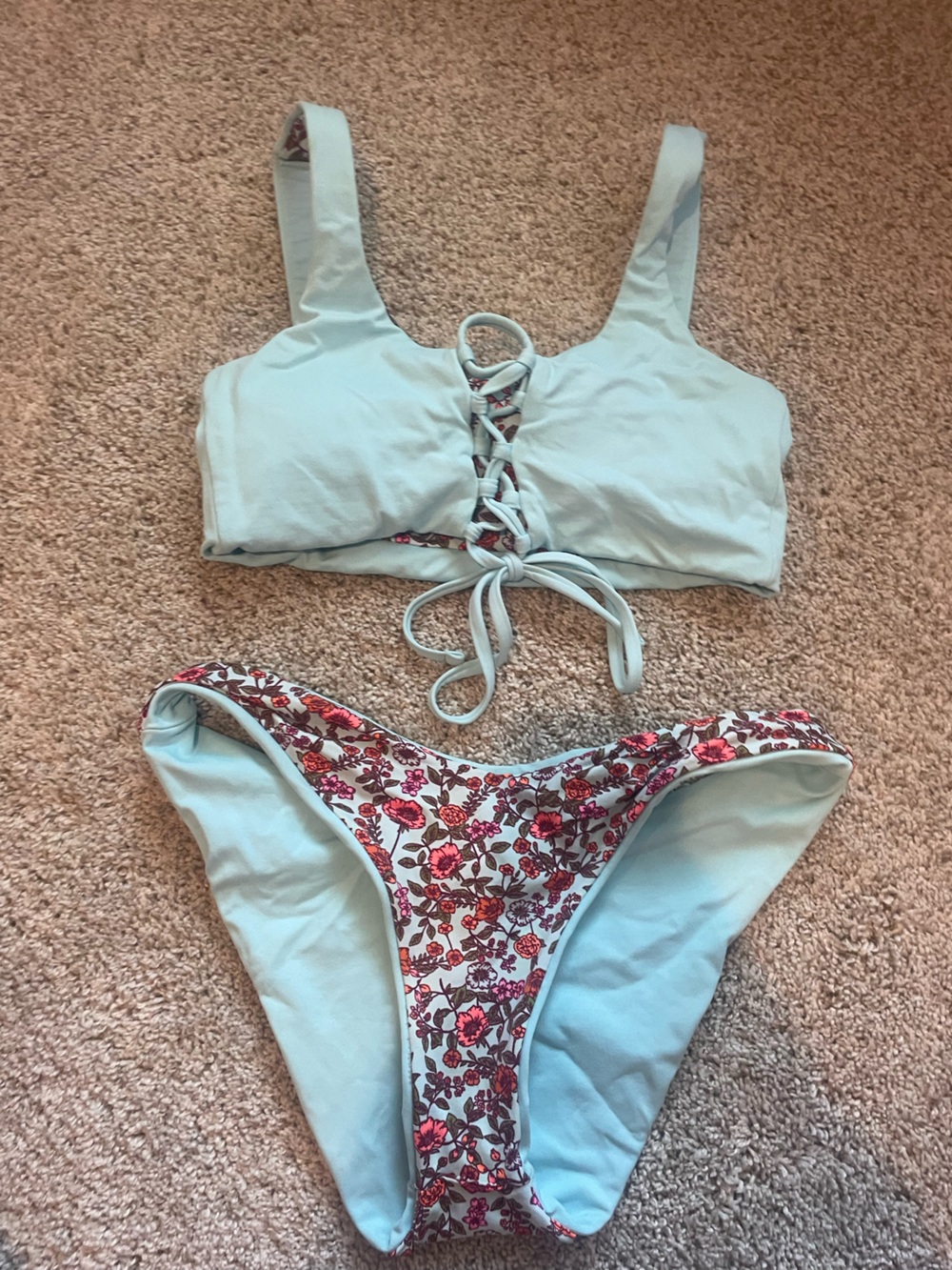 Light Blue Lace-Up Bikini Set with Floral Accent